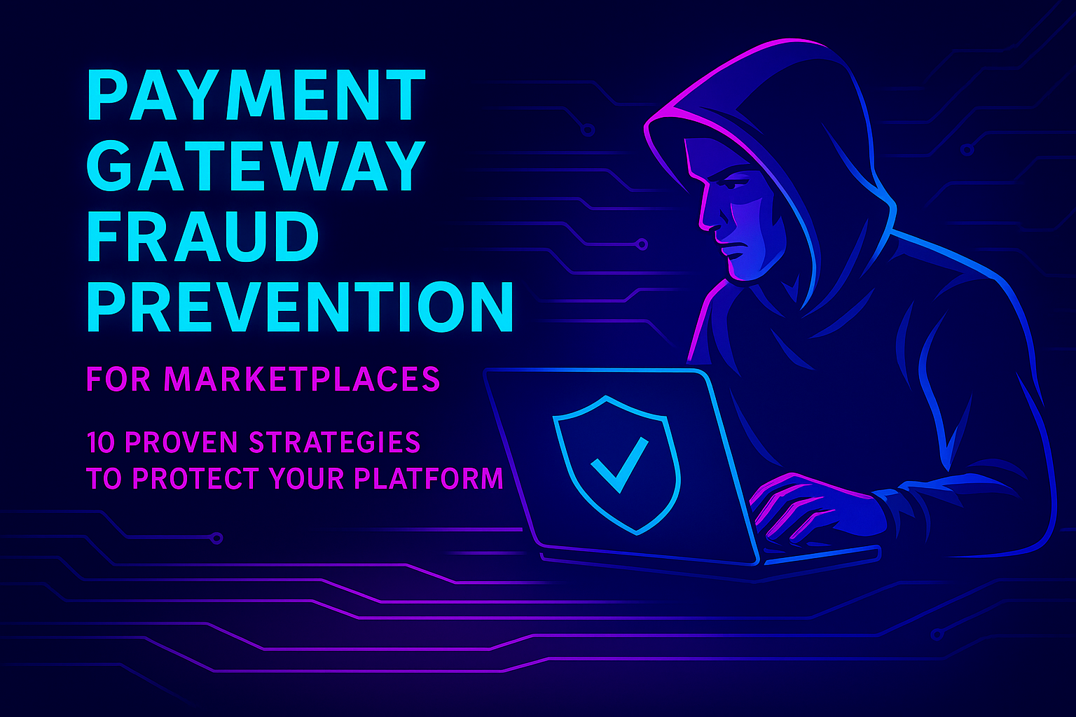 Neon cyberpunk hero image featuring a cybersecurity expert with a laptop showing a shield icon, representing payment gateway fraud prevention for marketplaces.
