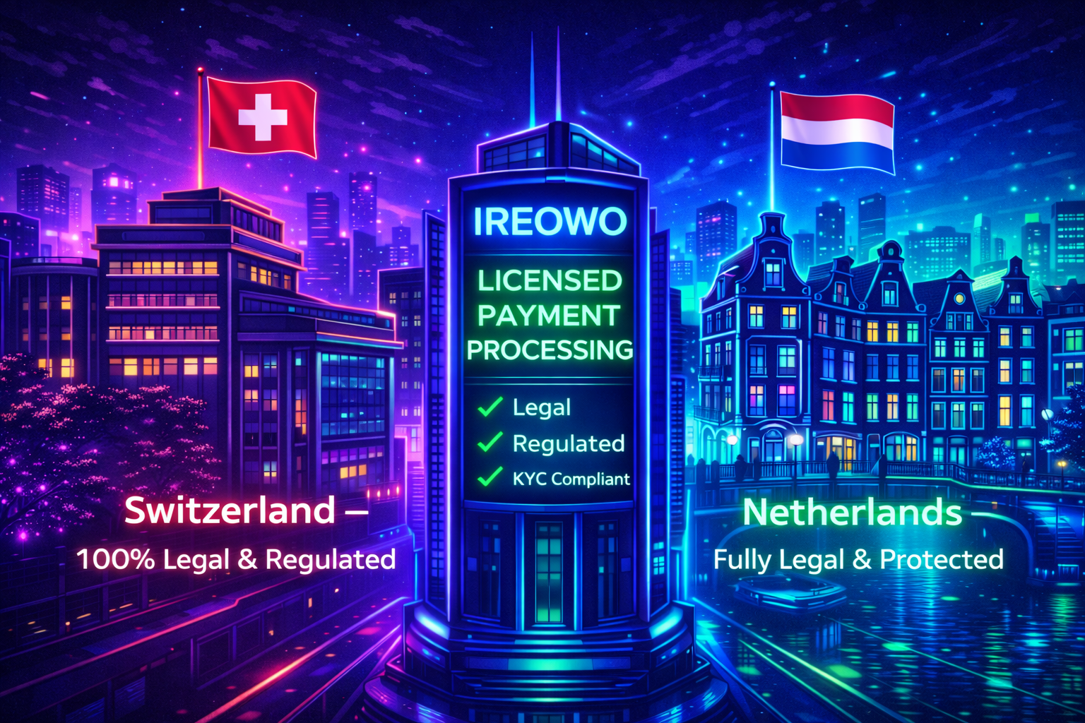 Neon illustration showing legal escort payment processing in Switzerland and the Netherlands with IREOWO licensed payment gateway