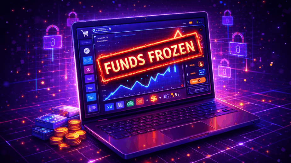 Laptop showing ecommerce dashboard with funds frozen warning in neon cyberpunk fintech style