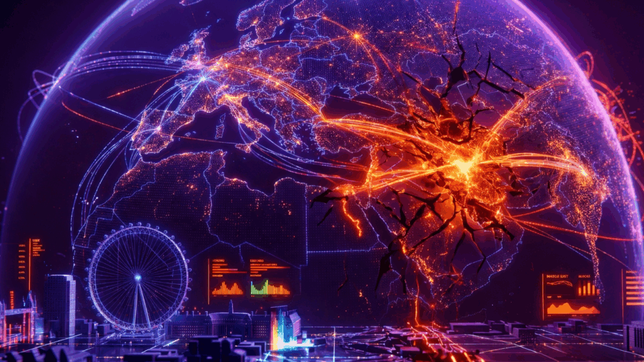Neon punk digital globe showing a bright red fracture in the Middle East disrupting global payment ecosystem data lines