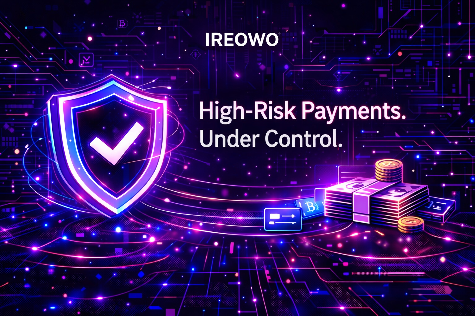 A futuristic digital illustration of a glowing purple neon shield with a checkmark, positioned above an integrated circuit background. To the right, stacked physical cash and stacked crypto cards with a B logo. Central text reads: 'High-Risk Payments. Under Control.' The IREOWO logo is at the top