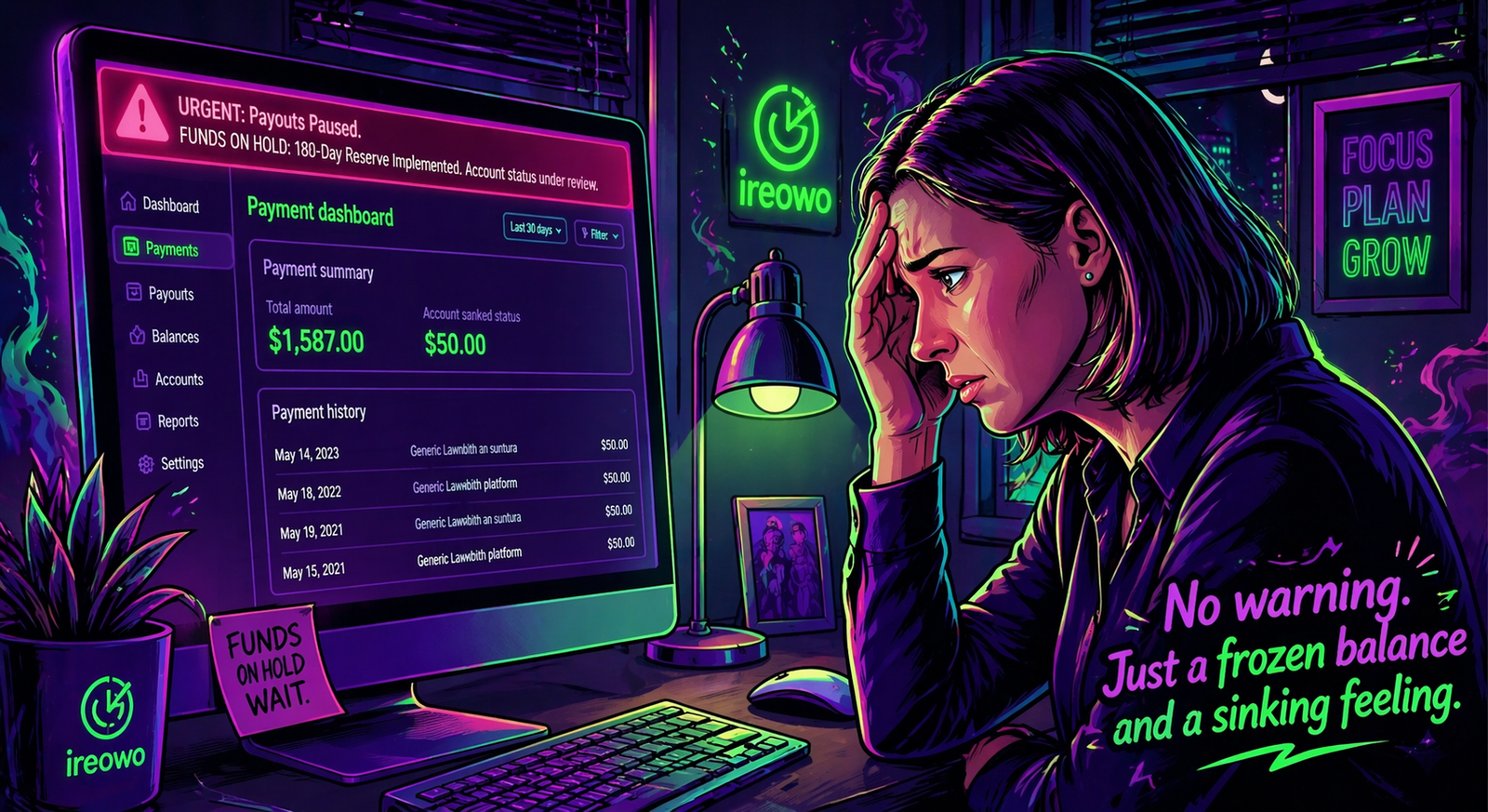 Stressed business owner looking at a payment dashboard showing funds on hold with a 180-day reserve implemented notice, with an Ireowo logo in the background