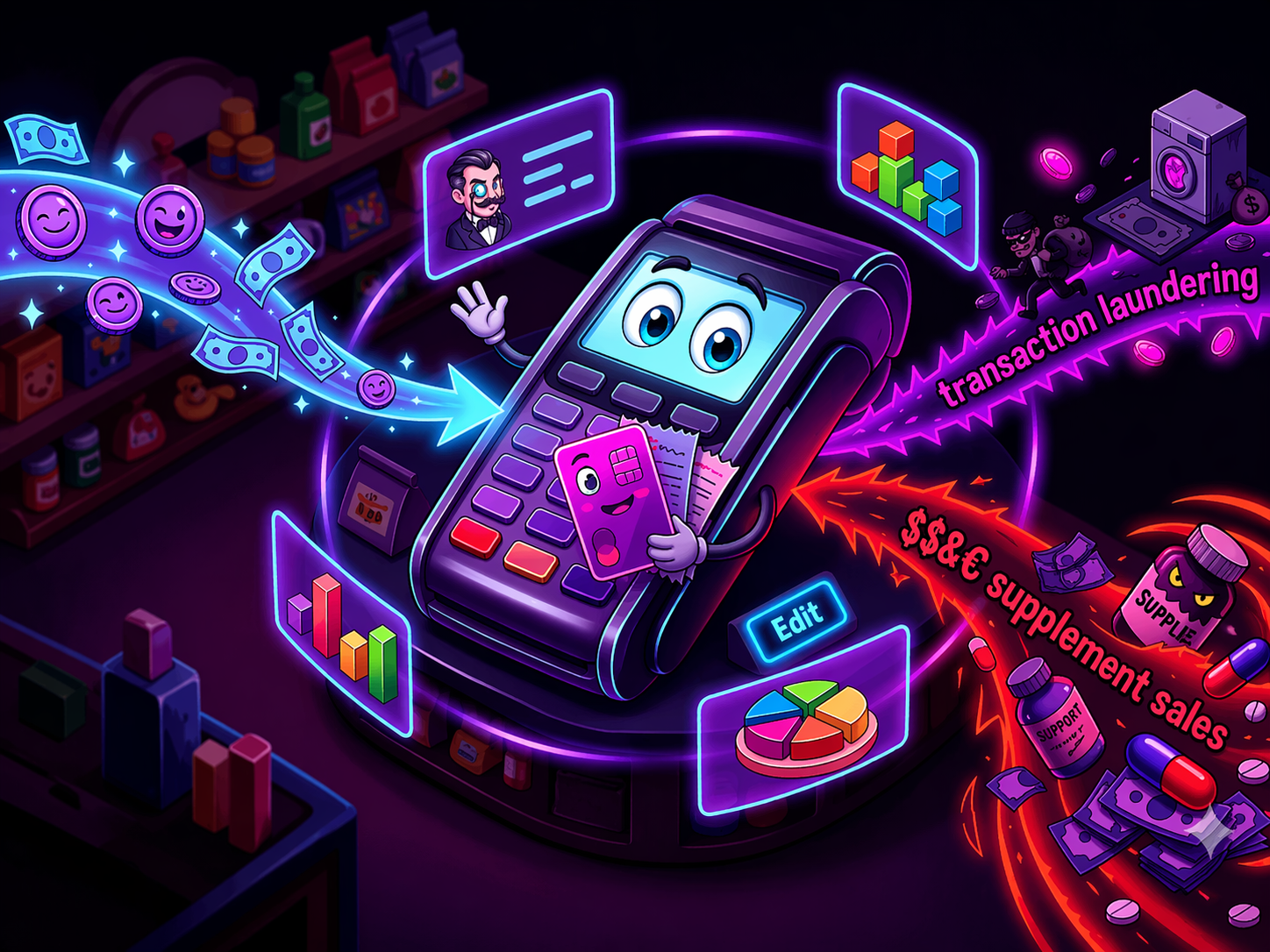 Animated POS terminal processing transactions from an unapproved high-risk business, illustrating how transaction laundering and payment cloaking work