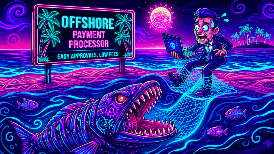 A neon-funk styled illustration of a businessman being trapped by a mechanical fish monster, with a billboard promising "easy approvals" from an offshore processor in the background.