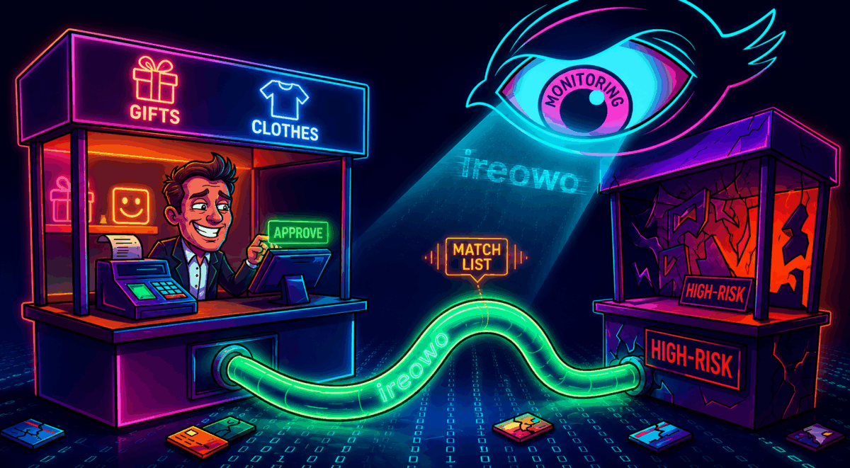 Cartoon showing a smiling merchant at a low-risk gifts and clothes store secretly routing payments through a glowing green pipe to a high-risk business, with a monitoring eye above and MATCH list warning