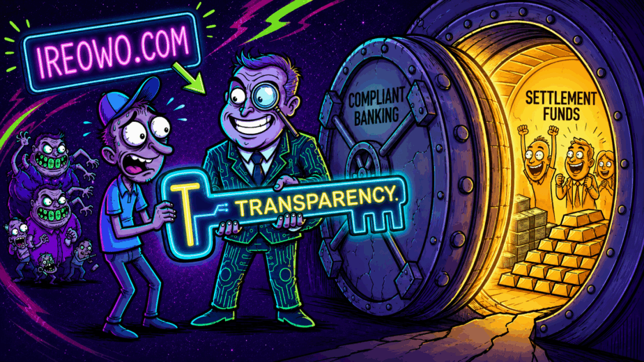 An honest advisor and a relieved merchant using a giant glowing Transparency key to unlock a Compliant Banking vault filled with their settlement funds. Features Ireowo.com