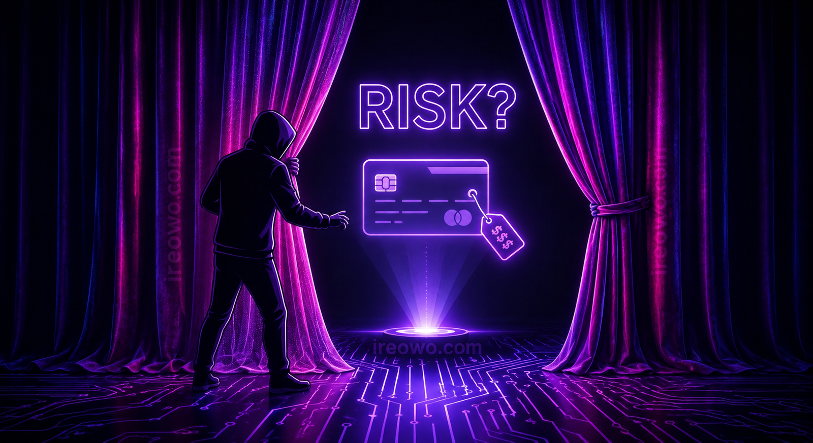 A figure pulling back a neon purple curtain to reveal a floating credit card hologram and the word RISK, symbolizing hidden payment processing fees.