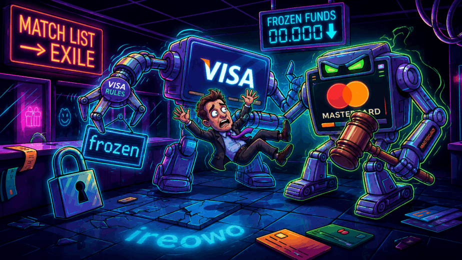 Cartoon merchant being attacked by Visa and Mastercard robots with frozen funds sign and MATCH list exile warning in a neon dark room