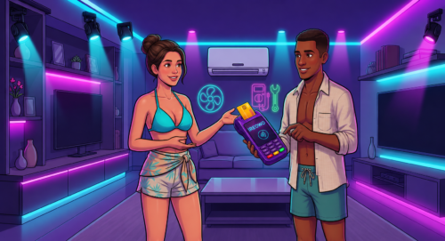 Independent professional charging a client for a home service using a portable card reader in a neon-lit living room.