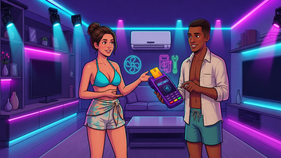 Independent professional charging a client for a home service using a portable card reader in a neon-lit living room.