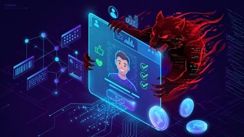 Red cybernetic monster lurking behind a floating blue digital interface displaying a verified user profile and a checkout button.