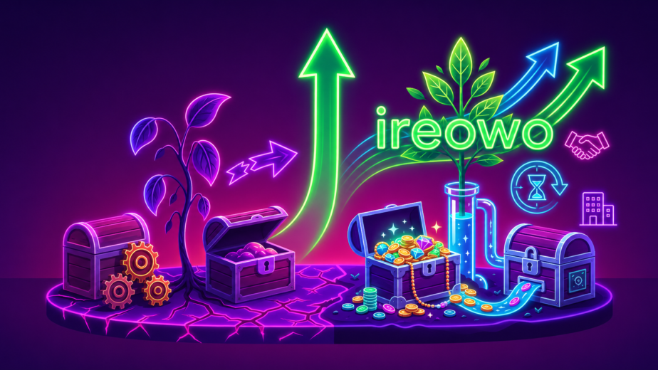 Neon-style illustration showing the transition of a high-risk business from initial scarcity to a freed, stable, and growing cash flow with Ireowo.