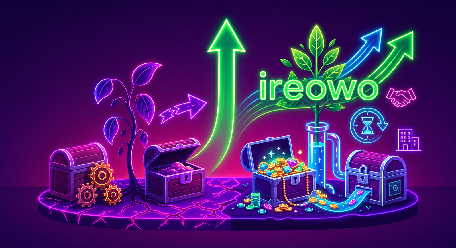 Neon-style illustration showing the transition of a high-risk business from initial scarcity to a freed, stable, and growing cash flow with Ireowo.