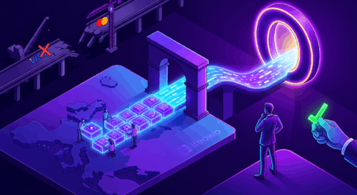 Isometric neon illustration showing a professional observing a safe, compliant EU payment pathway, marked with ireowo, leading to a successful portal, bypassing old broken cross-border bridges.