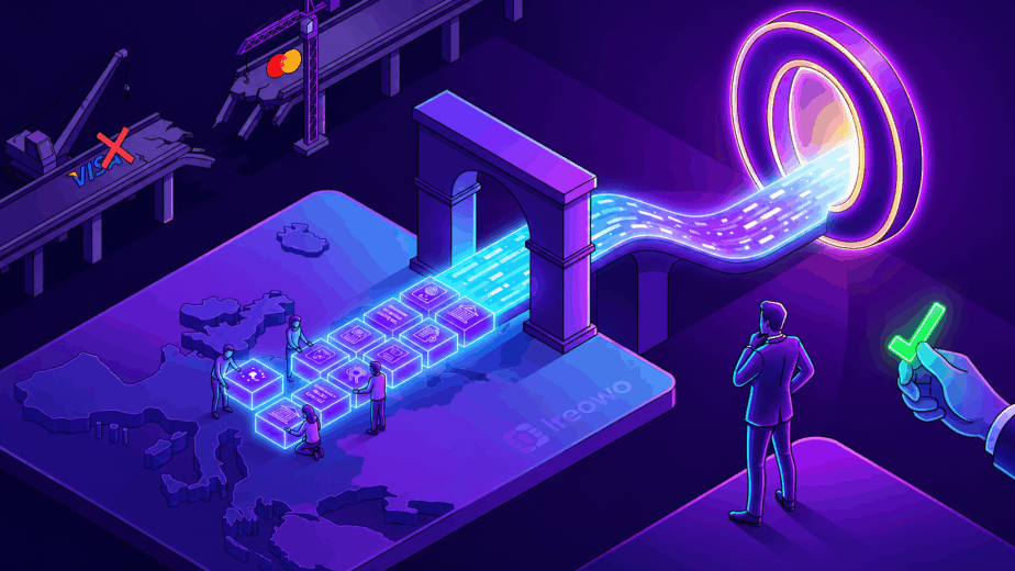 Isometric neon illustration showing a professional observing a safe, compliant EU payment pathway, marked with ireowo, leading to a successful portal, bypassing old broken cross-border bridges.