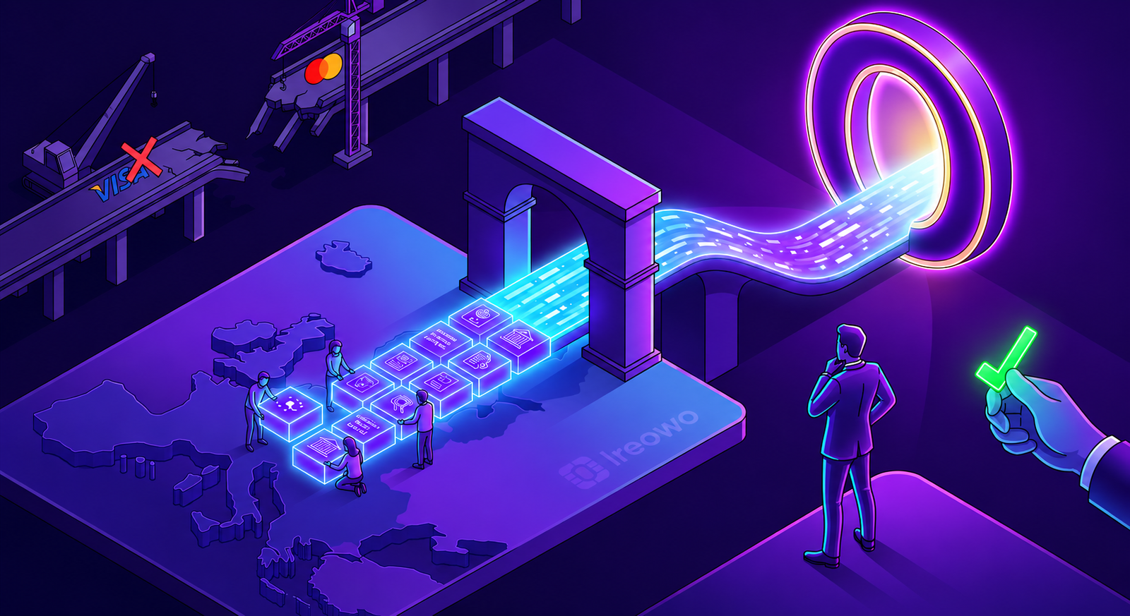 Isometric neon illustration showing a professional observing a safe, compliant EU payment pathway, marked with ireowo, leading to a successful portal, bypassing old broken cross-border bridges.
