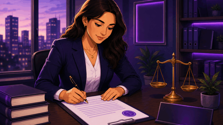 A professional female lawyer sitting at a desk in a modern office, signing a corporate legal document next to the scales of justice.