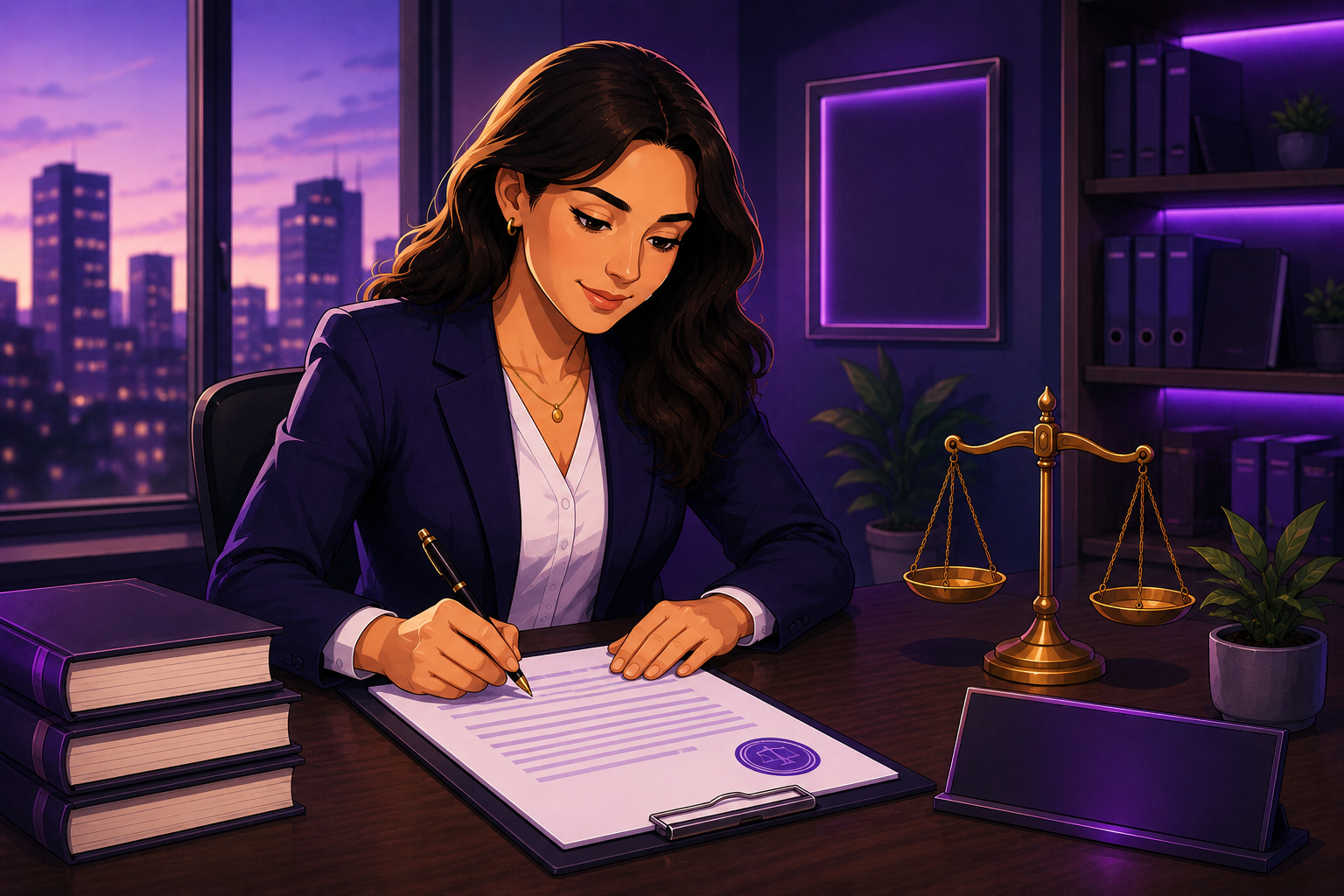 A professional female lawyer sitting at a desk in a modern office, signing a corporate legal document next to the scales of justice.