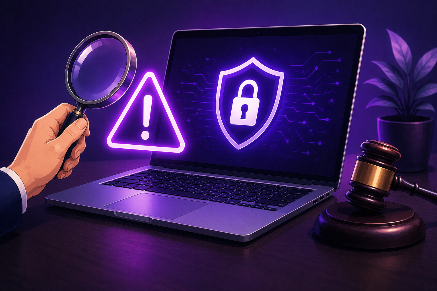 A magnifying glass inspecting a laptop with a glowing security shield and warning sign, representing a legal audit and cybersecurity check for digital businesses.