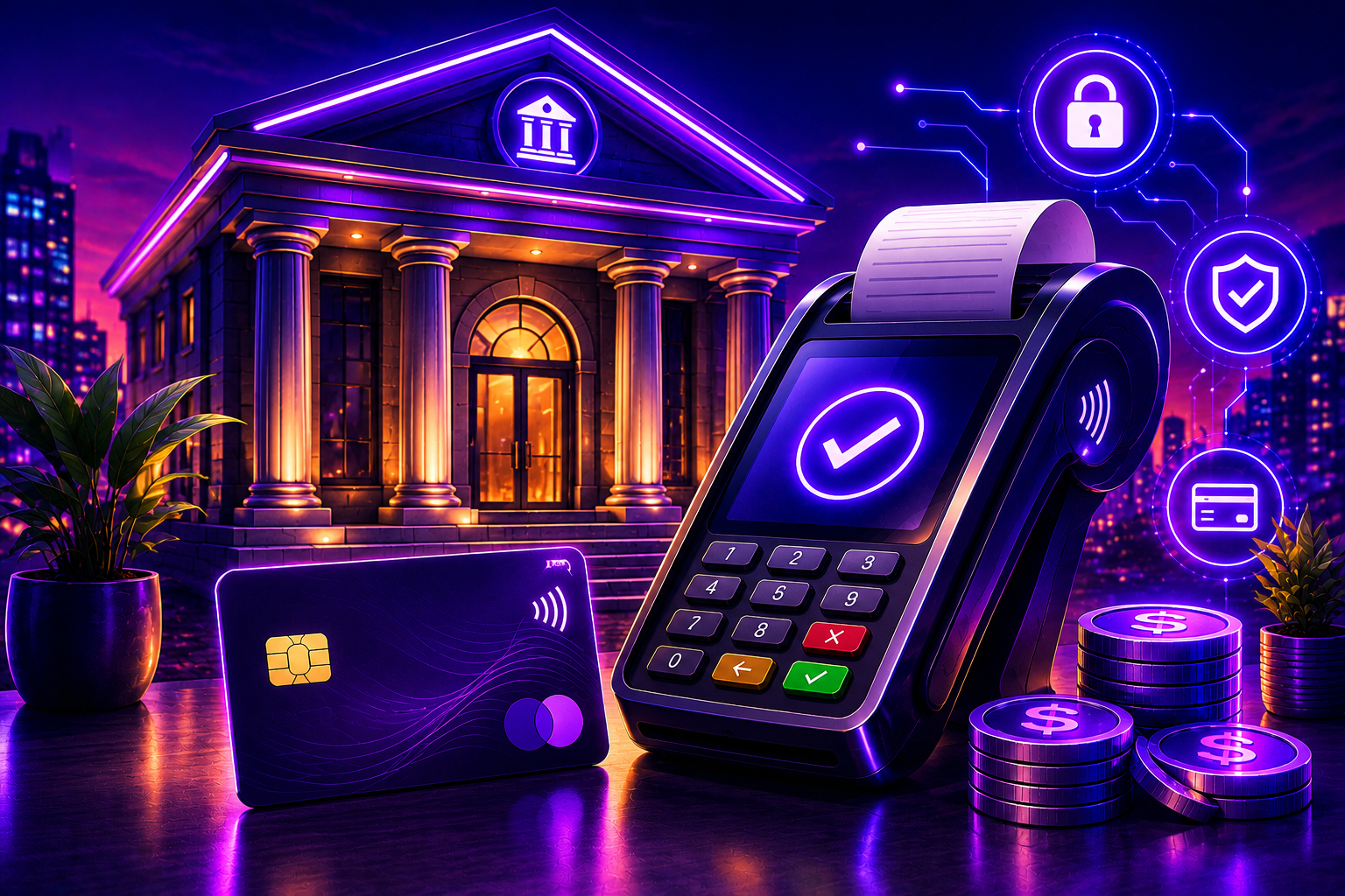 A modern point-of-sale terminal, a credit card, and digital security icons glowing in front of a bank building, illustrating a secure payment gateway.