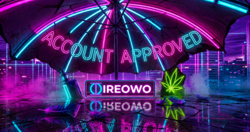 Neon Account Approved sign under a protective umbrella with the IREOWO logo, a vape pen, and a cannabis leaf, symbolizing secure payment processing.