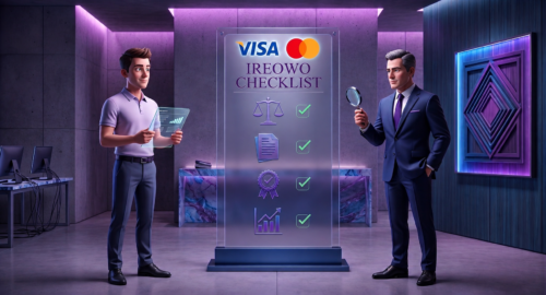 Two professionals evaluating a glowing digital Ireowo checklist featuring Visa, Mastercard, and completed compliance checkmarks.