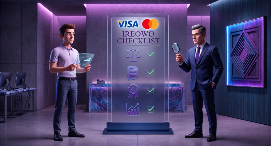 Two professionals evaluating a glowing digital Ireowo checklist featuring Visa, Mastercard, and completed compliance checkmarks.