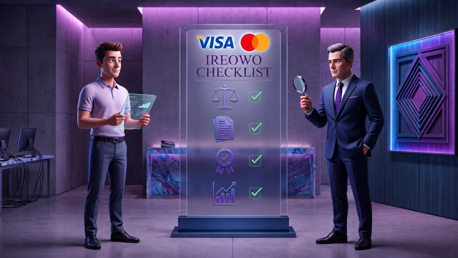 Two professionals evaluating a glowing digital Ireowo checklist featuring Visa, Mastercard, and completed compliance checkmarks.