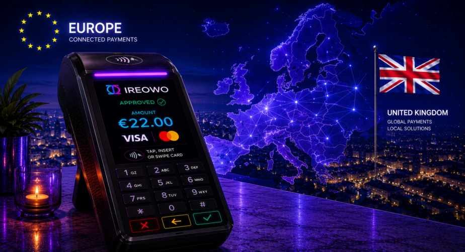 Ireowo card machine for the hospitality sector showing connected payments across Europe and the United Kingdom.