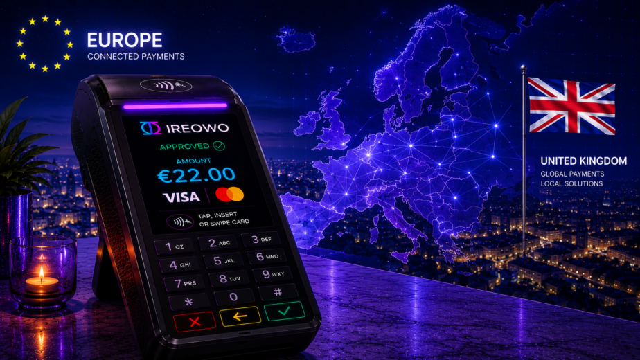 Ireowo card machine for the hospitality sector showing connected payments across Europe and the United Kingdom.