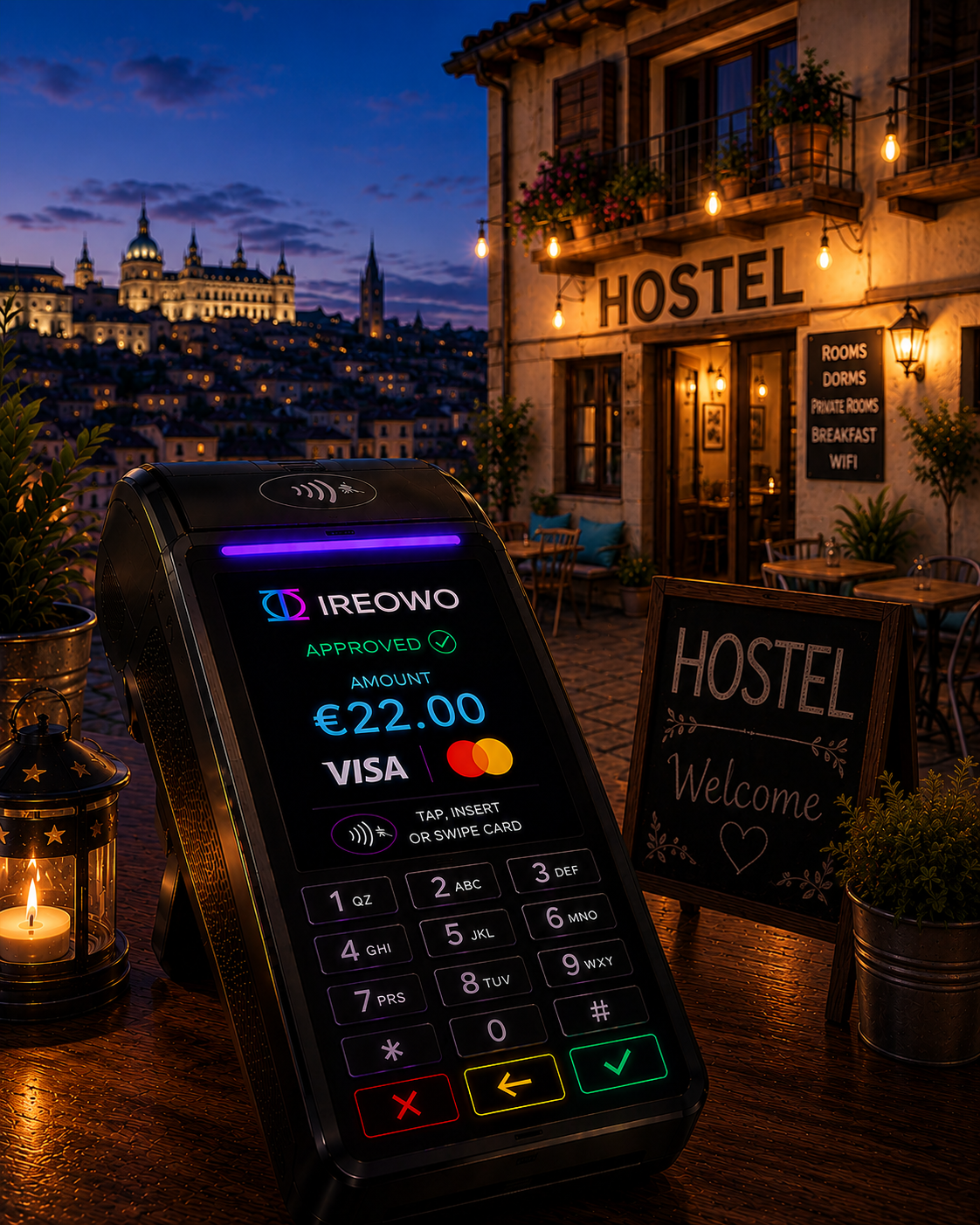 Ireowo card machine processing an approved payment on the terrace of a traditional hostel at sunset
