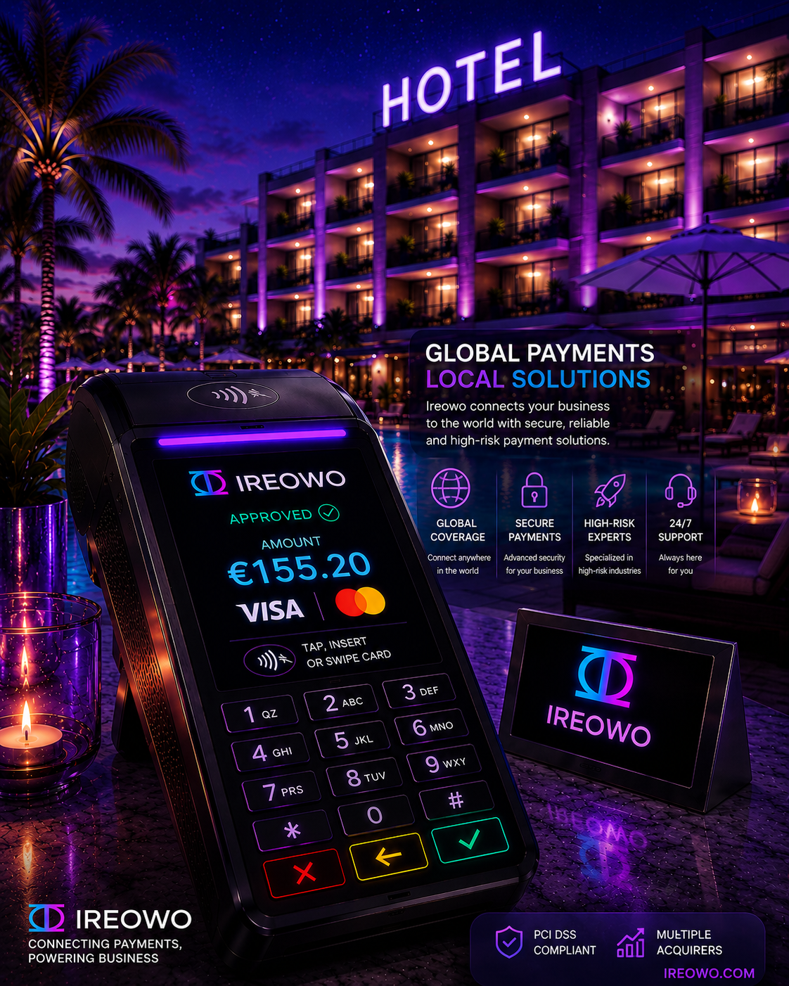 Ireowo card machine for hotel chains beside an illuminated swimming pool at night