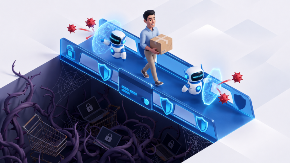 Merchant safely walking across a credit card bridge, protected by Ireowo robots from operational risks and the Terminated Merchant File.