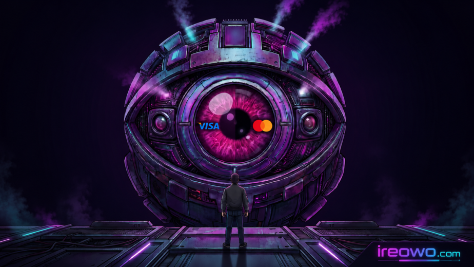 A giant cyber eye with Visa and Mastercard logos watching a businessman, representing strict chargeback monitoring algorithms and merchant thresholds.