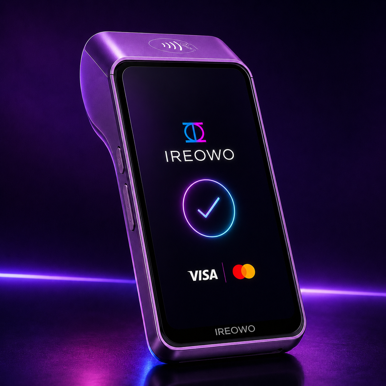 Ireowo card machine displaying an approved transaction with Visa and Mastercard support