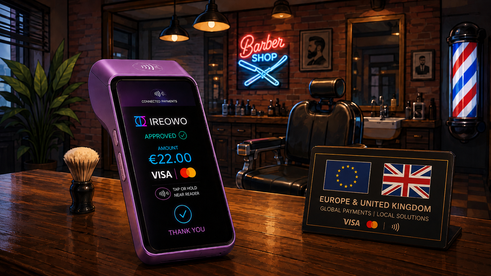 Card machine at a barbershop counter in Europe showing an approved contactless payment