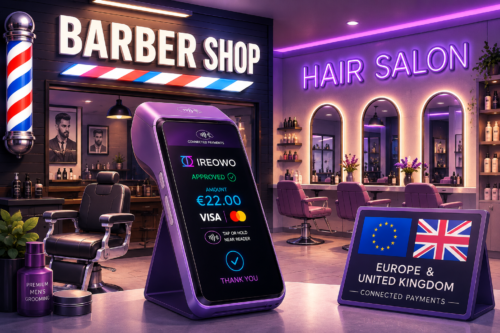 Ireowo card machine approving a contactless payment between a barbershop and a hair salon in Europe and the UK