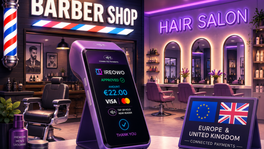 Ireowo card machine approving a contactless payment between a barbershop and a hair salon in Europe and the UK