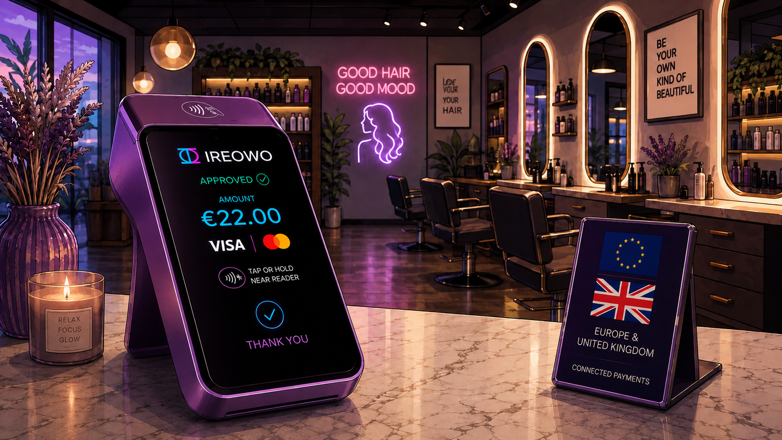 Card machine on a hair salon counter processing a contactless card payment in Europe