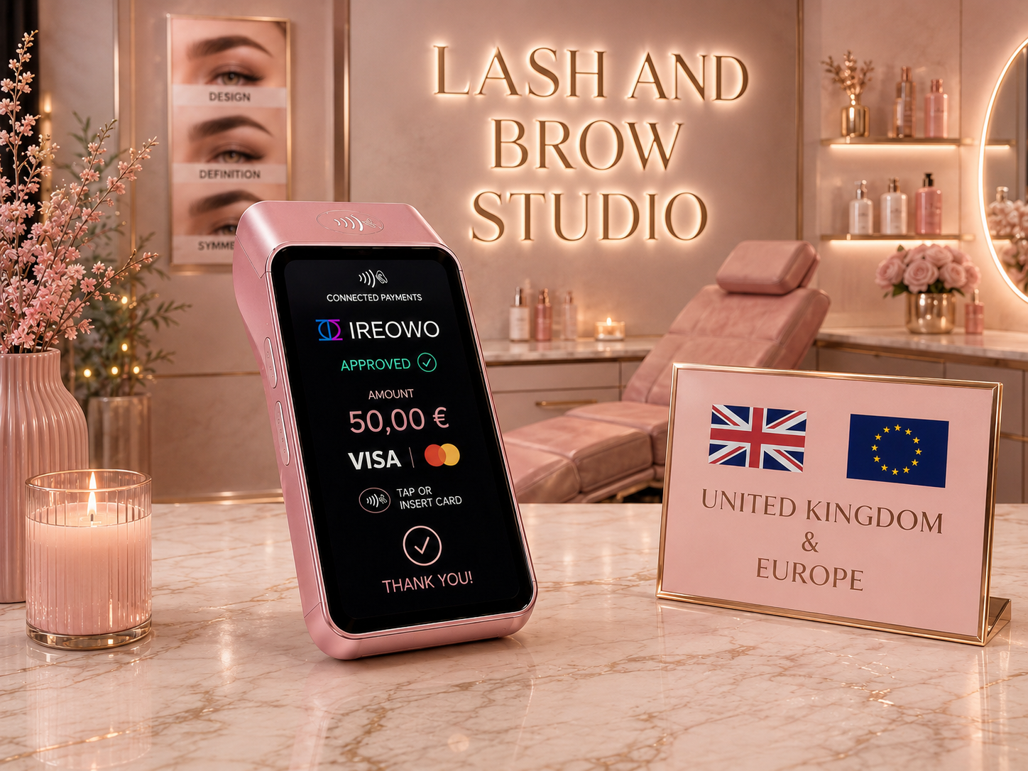 Contactless card machine approving payment in a lash and brow studio across the UK and Europe