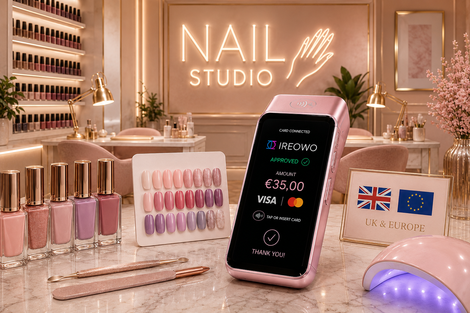 Card machine confirming an approved 35 euro payment in a nail studio serving clients in the UK and Europe