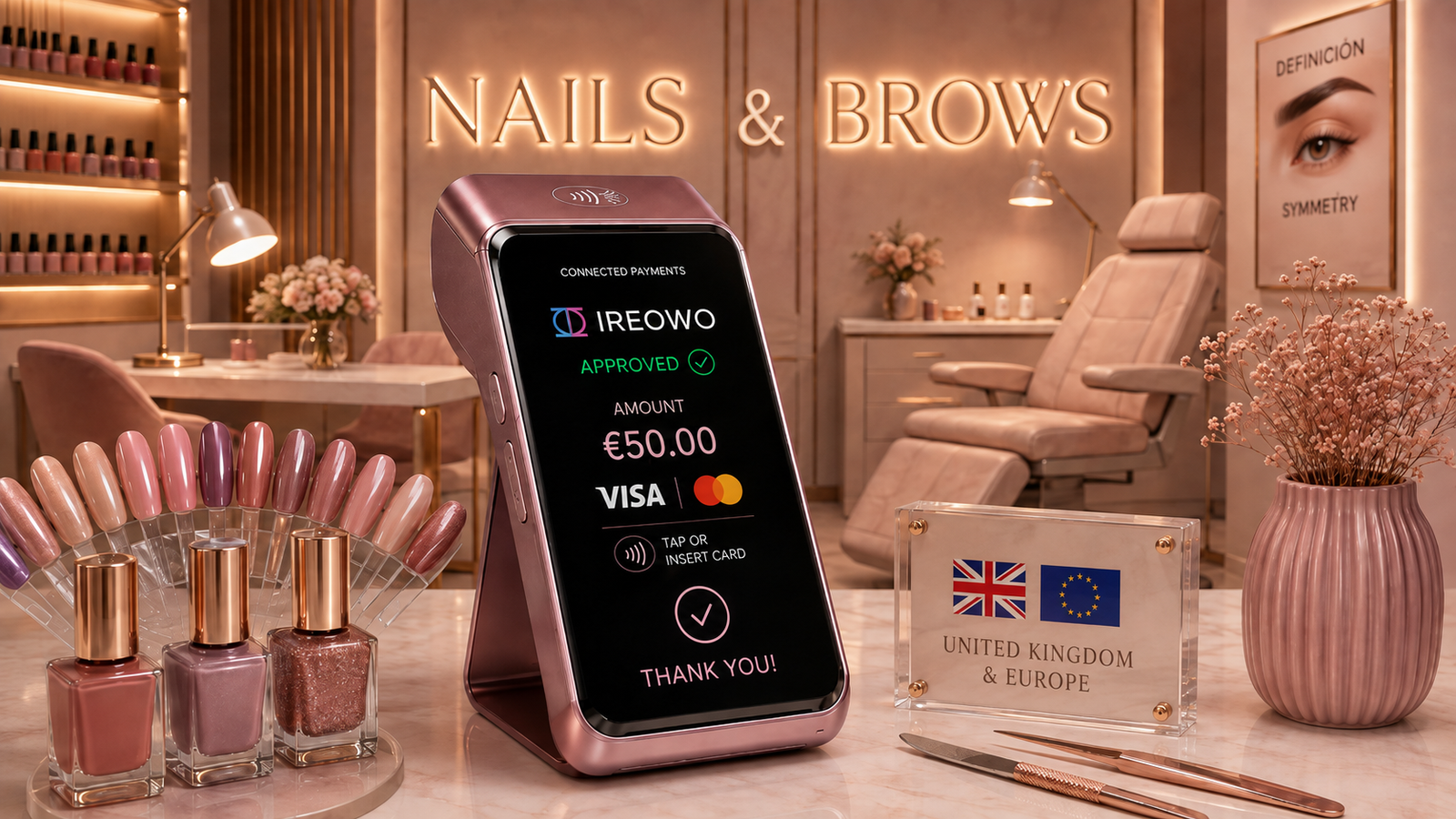 Card machine approving a 50 euro payment inside a nails and brows salon in the UK and Europe