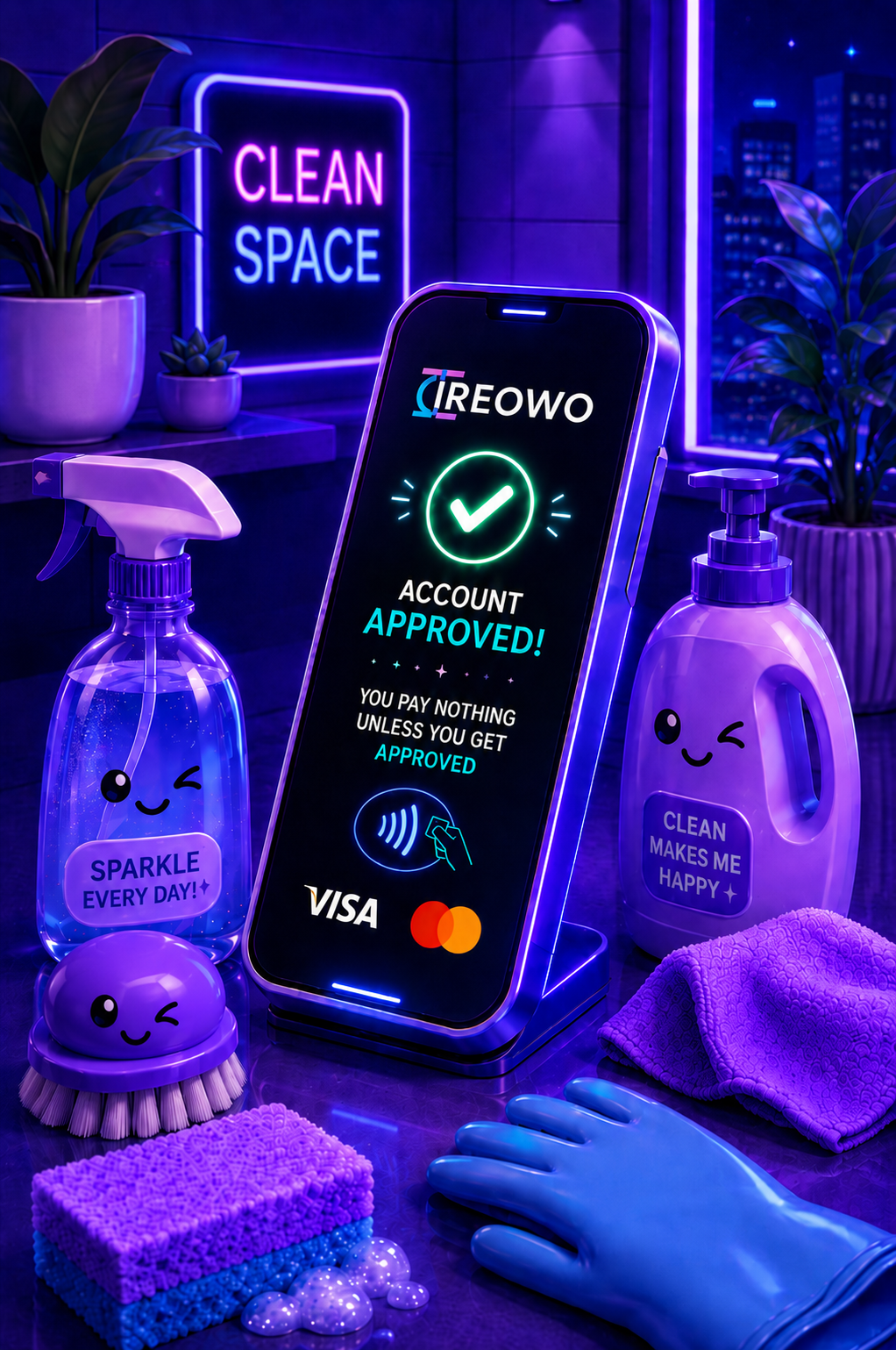 Cleaning company merchant account approved notification on a payment device