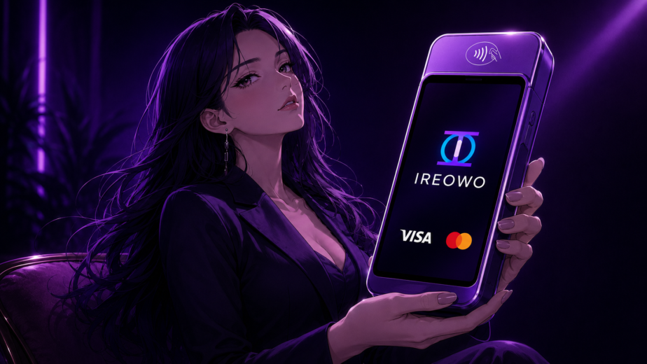 Ireowo mobile payment terminal showing an approved transaction with Visa and Mastercard