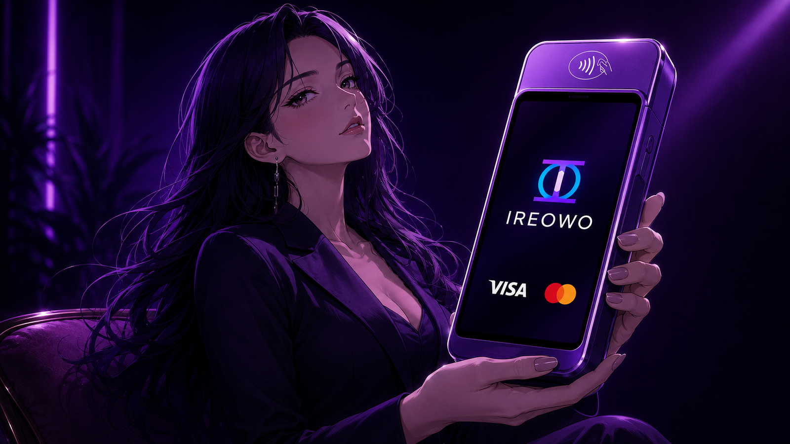 Ireowo mobile payment terminal showing an approved transaction with Visa and Mastercard