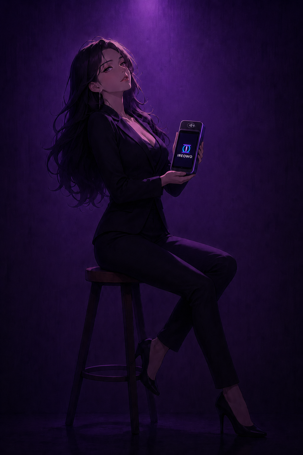 Woman holding an Ireowo payment terminal in a dark editorial setting