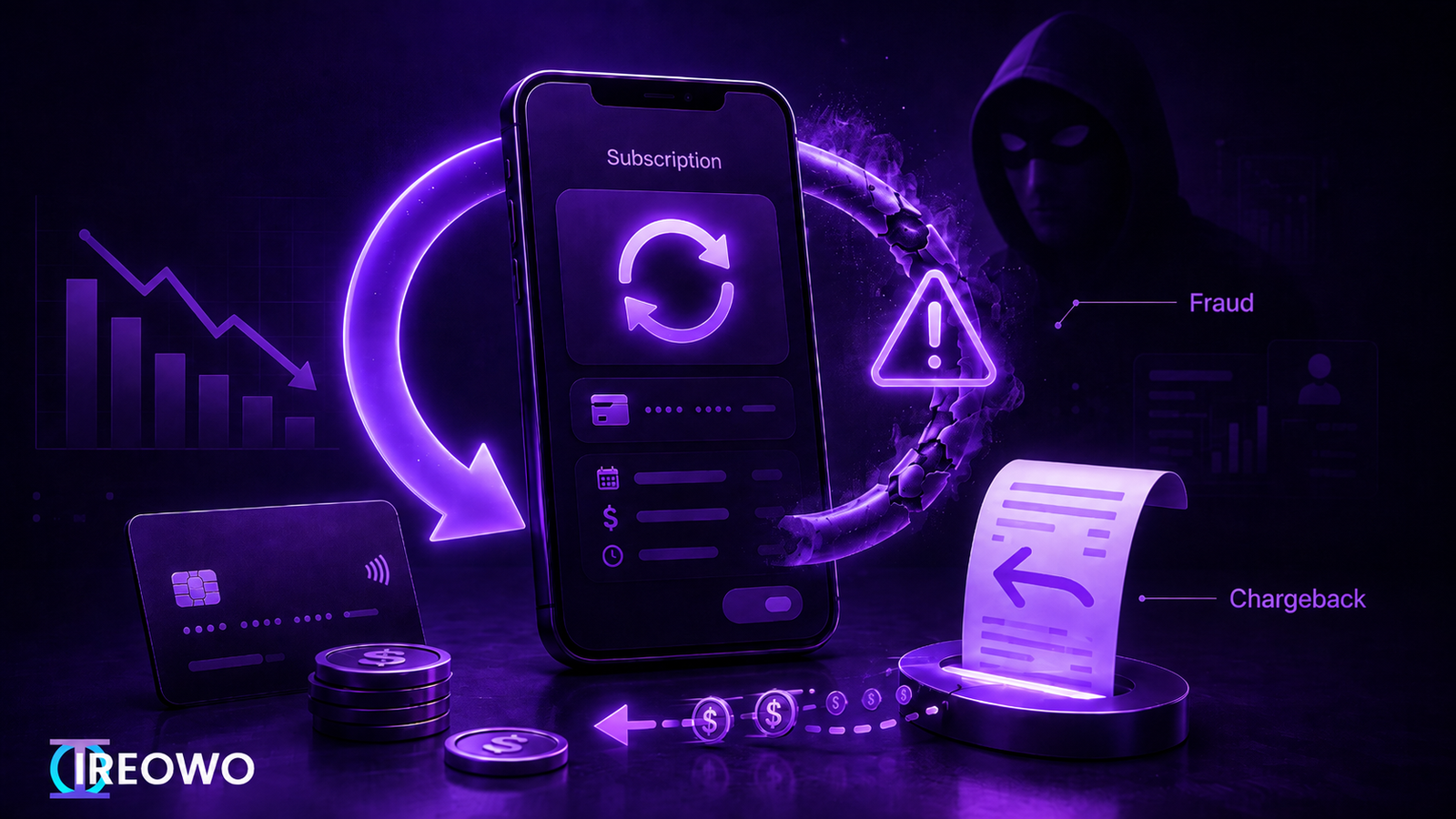 Smartphone showing a subscription payment screen surrounded by fraud and chargeback icons with a hooded figure representing recurring billing fraud