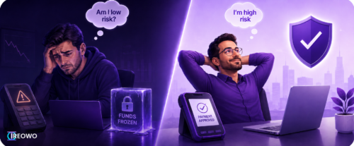 Split screen comparing a stressed founder with frozen funds on a low risk gateway to a relaxed founder with an approved payment on a high risk merchant account