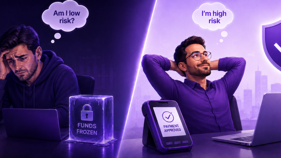 Split screen comparing a stressed founder with frozen funds on a low risk gateway to a relaxed founder with an approved payment on a high risk merchant account