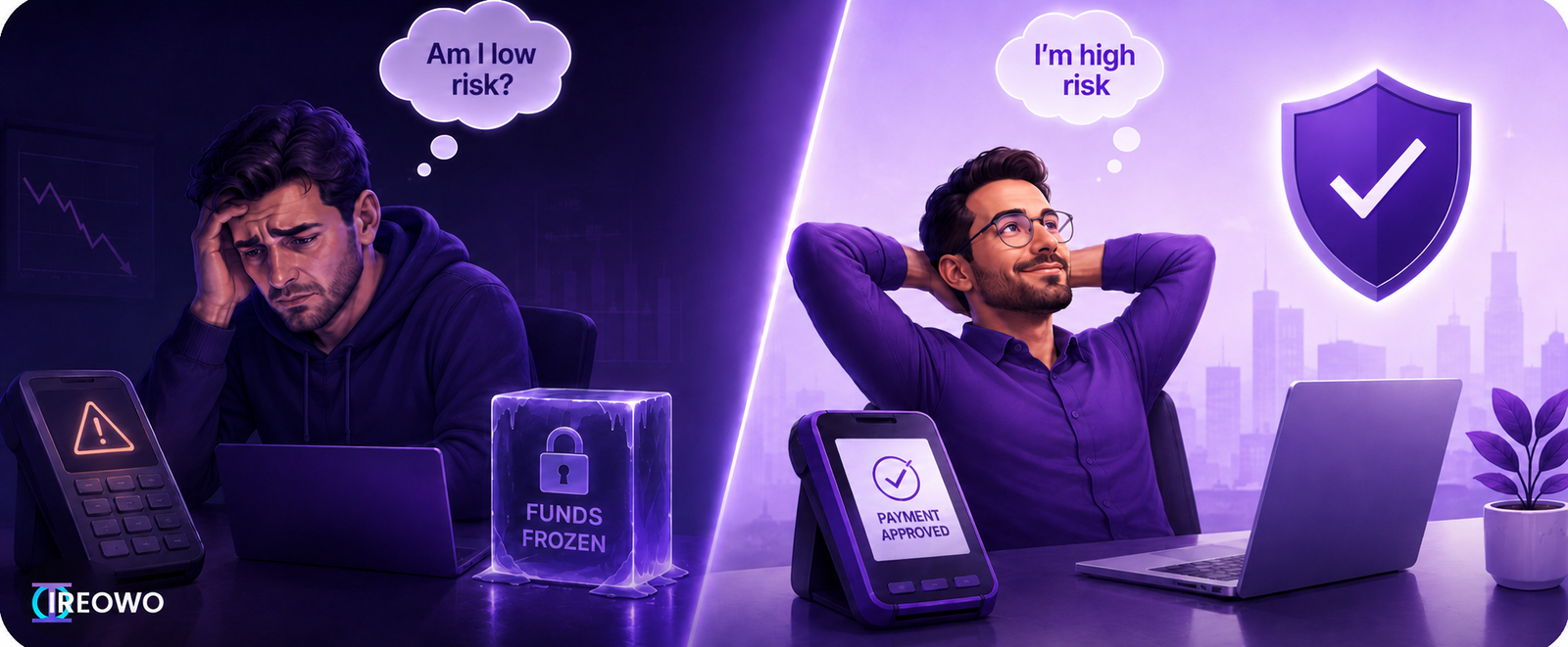 Split screen comparing a stressed founder with frozen funds on a low risk gateway to a relaxed founder with an approved payment on a high risk merchant account
